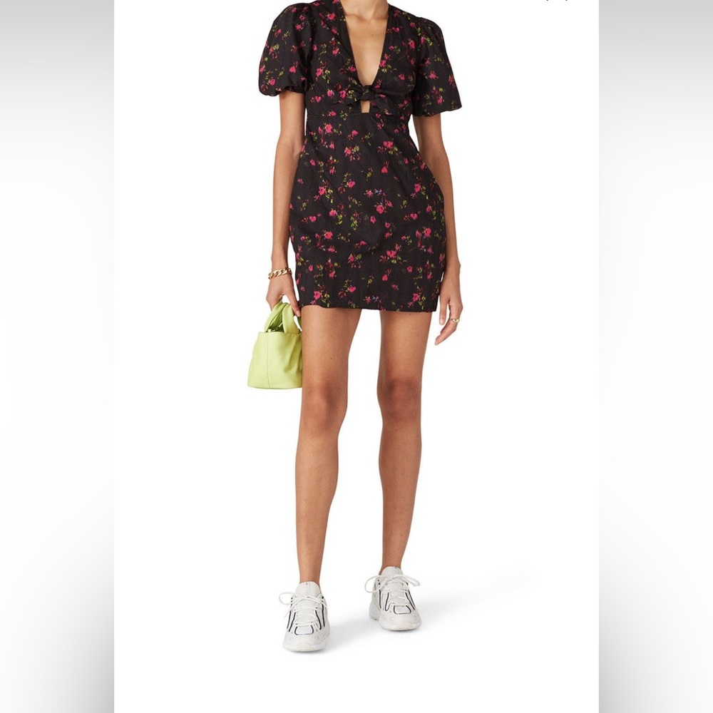 Pam & Gela Floral Black tie front Mini Dress with sleeves size M